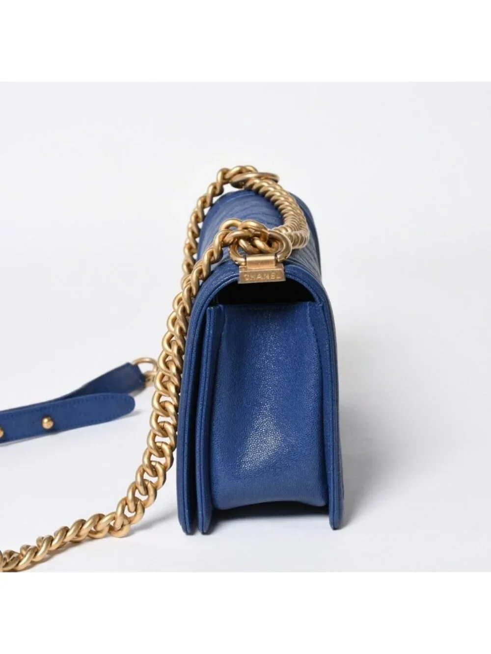 Chanel Boy Chain Shoulder Bag Blue Caviar Leather Gold